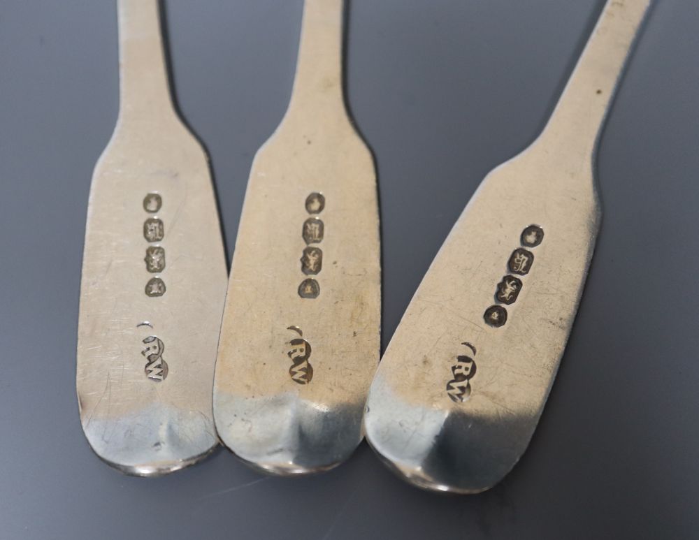 A group of assorted 19th century and later minor silver flatware, two white metal items and a plated condiment spoon, 14oz.